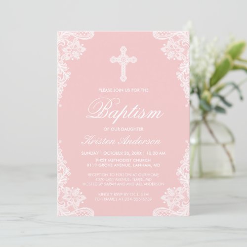 Girl Baptism Elegant Blush Pink White Lace Photo Invitation