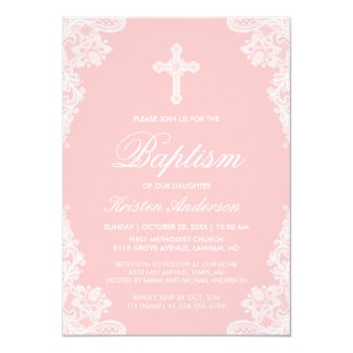 Girl Baptism Elegant Blush Pink White Lace Photo Invitation