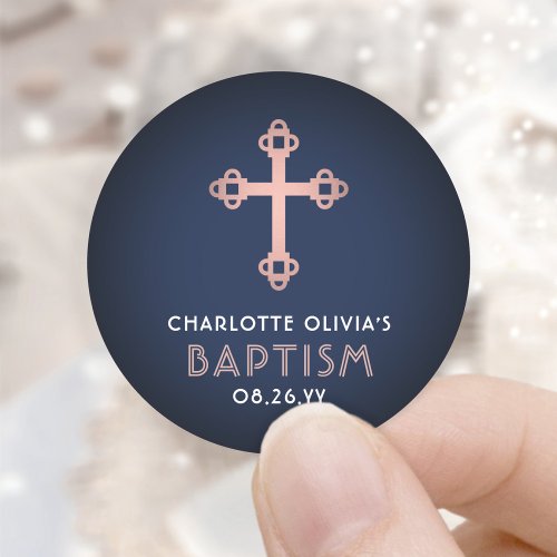 Girl Baptism Elegant Cross Navy and Pink Rose Gold Classic Round Sticker