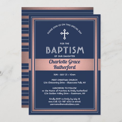 Girl Baptism Elegant Navy Blue Pink Rose Gold Invitation