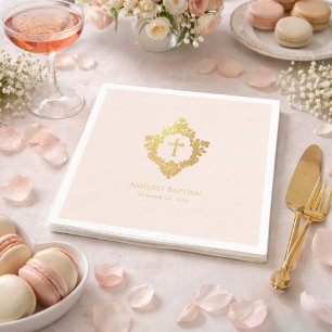 Girl Baptism Elegant Pink Gold Cross Vintage Crest Napkins