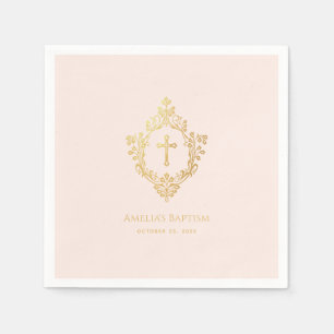 Girl Baptism Elegant Pink Gold Cross Vintage Crest Napkins