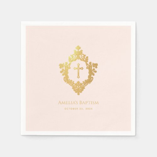 Girl Baptism Elegant Pink Gold Cross Vintage Crest