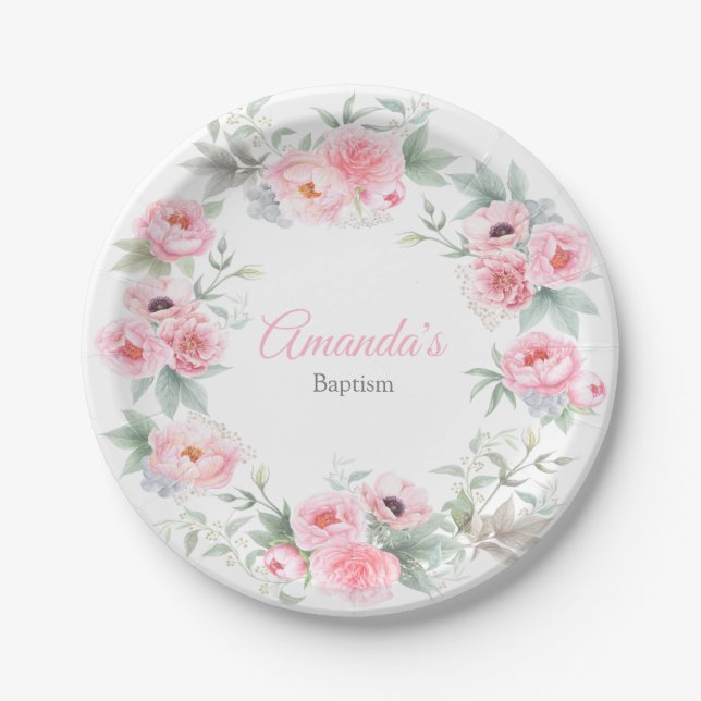 Girl Baptism, Elegant, Pink, Watercolor Floral Paper Plates (Front)