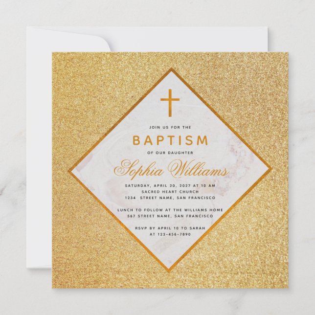 Girl Baptism Faux Gold Glitter Cross White Marble Invitation (Front)