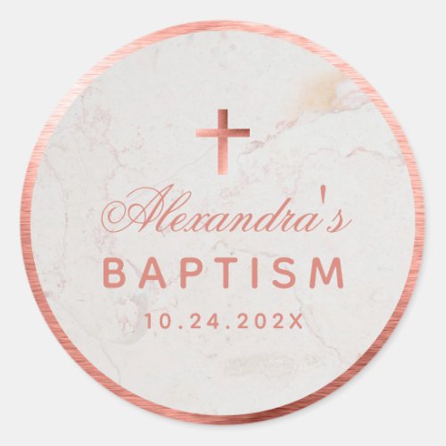 Girl Baptism Faux Rose Gold Marble Elegant Script Classic Round Sticker