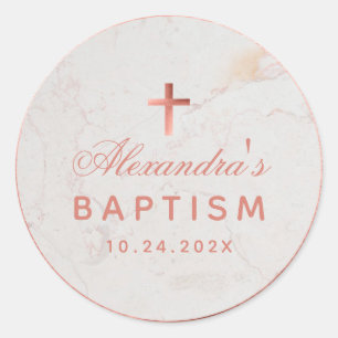 Girl Baptism Faux Rose Gold Marble Elegant Script Classic Round Sticker