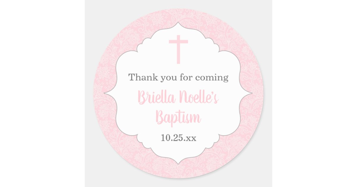 Girl baptism favor idea | pink damask classic classic round sticker ...