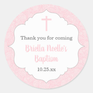 Girl baptism favor idea   pink damask classic round sticker