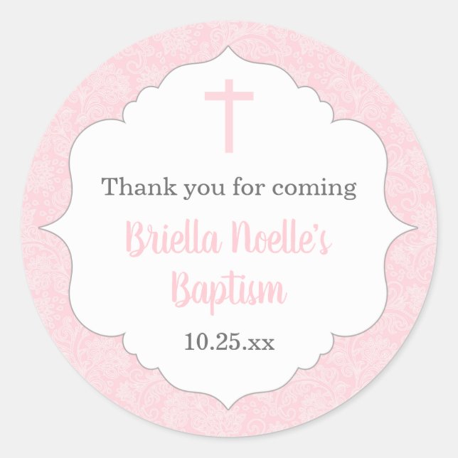 Girl baptism favor idea | pink damask classic round sticker (Front)