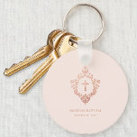 Girl Baptism Favors Pink Cross in Crest Rose Gold Keychain<br><div class="desc">An elegant religious design with a cross in a vintage crest, appropriate for a girl's baptism. The crest and the cross are (faux) rose gold, the background is blush pink. Under the crest, in small caps, there are the name and occasion and the date, in a similar color. The vintage...</div>