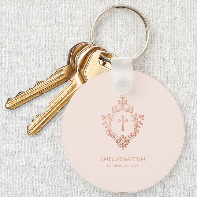 Girl Baptism Favors Pink Cross in Crest Rose Gold Keychain (Creator Uploaded)