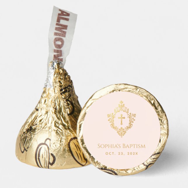 Girl Baptism Favors Pink Gold Cross Crest Elegant (Front)