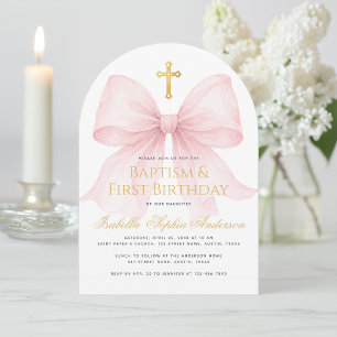 Girl Baptism & First Birthday Pink Bow Gold Cross Invitation