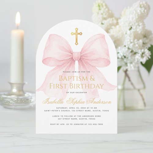 Girl Baptism & First Birthday Pink Bow Gold Cross  Invitation
