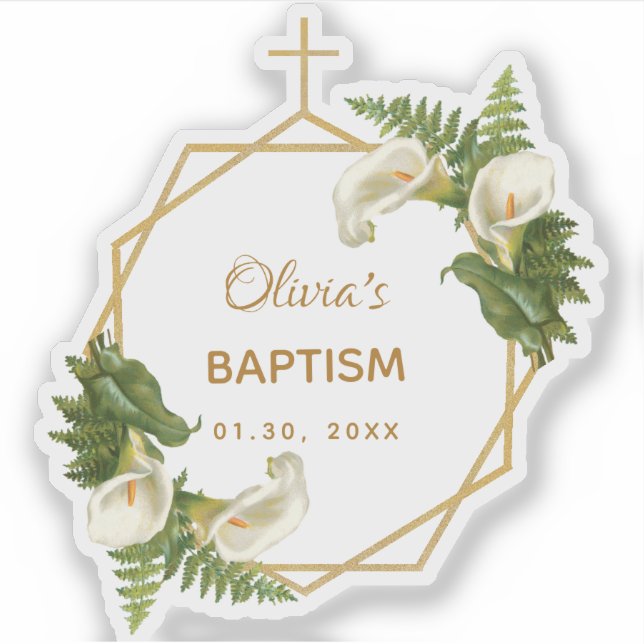 Girl Baptism Floral Gold Calla Lilies Geometric Sticker (Front)