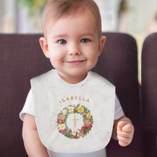 Girl Baptism Floral Gold Cross Rose Wreath Marble Baby Bib