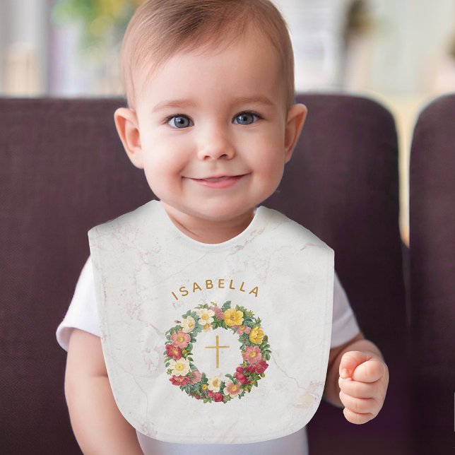 Girl Baptism Floral Gold Cross Rose Wreath Marble  Baby Bib (Creator Uploaded)