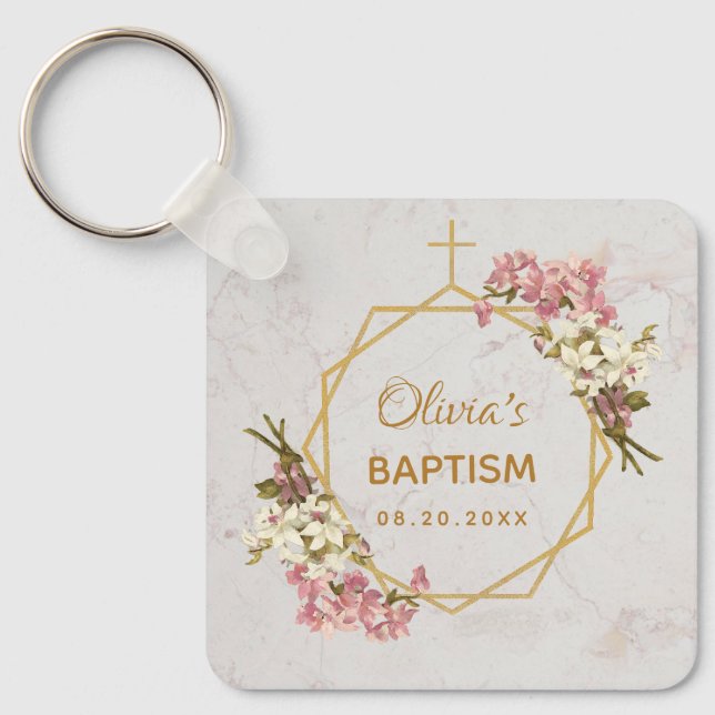 Girl Baptism Floral Gold Marble Pink Orchids Keychain (Front)