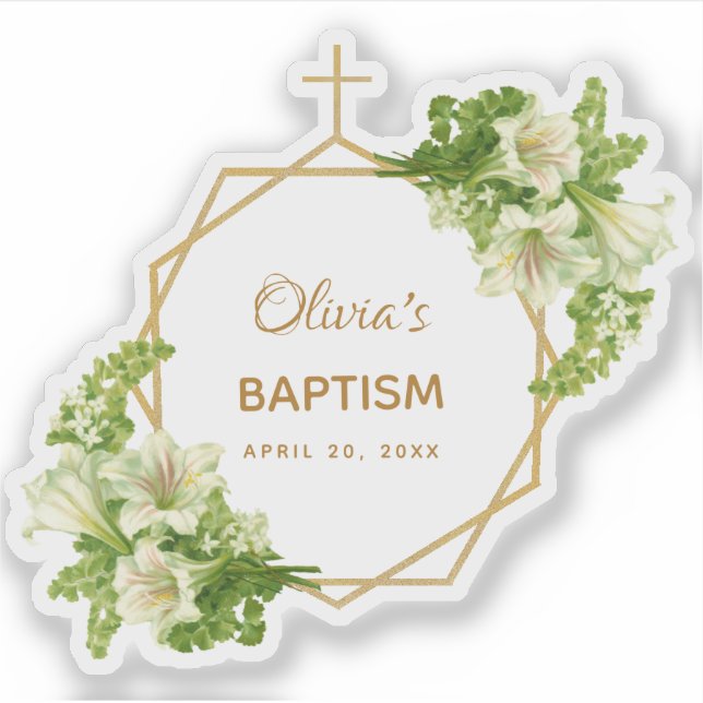Girl Baptism Floral Gold White Lilies Geometric Sticker (Front)