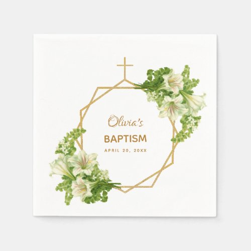 Girl Baptism Floral Lilies Gold Cross Geometric Napkins