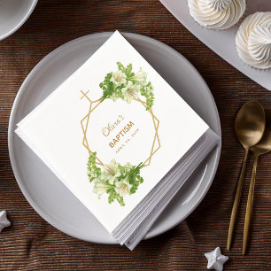 Girl Baptism Floral Lilies Gold Cross Geometric Napkins