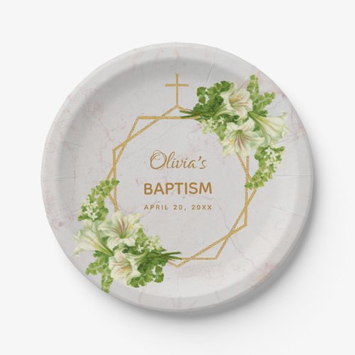 Girl Baptism Floral Lilies Gold Marble Geometric Paper Plates