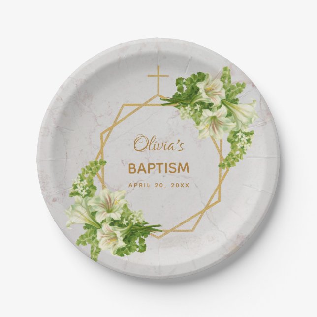 Girl Baptism Floral Lilies Gold Marble Geometric Paper Plates (Front)