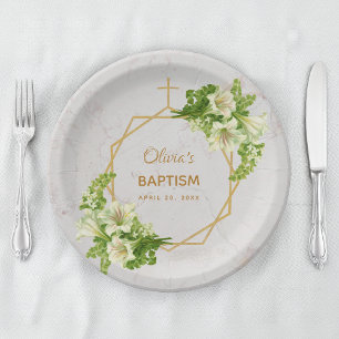 Girl Baptism Floral Lilies Gold Marble Geometric Paper Plates