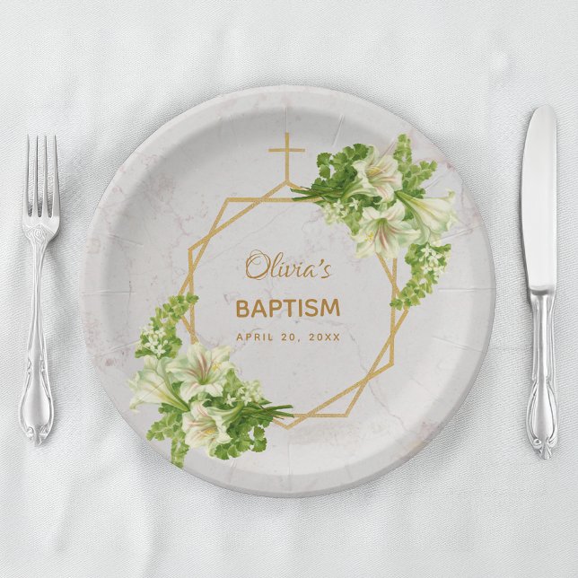 Girl Baptism Floral Lilies Gold Marble Geometric Paper Plates (Creator Uploaded)