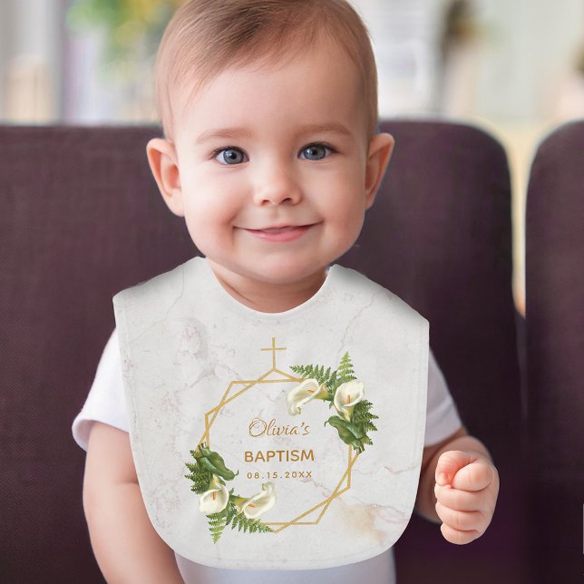 Girl Baptism Floral Marble Calla Lilies Gold Cross Baby Bib (Creator Uploaded)