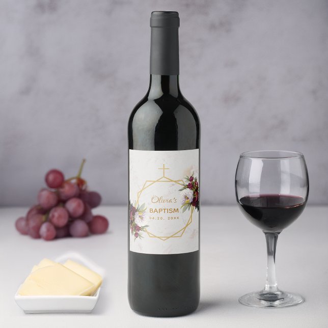 Girl Baptism Floral Marble Gold Peonies Butterfly Wine Label (Creator Uploaded)