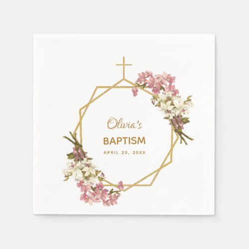 Girl Baptism Floral Orchids Gold Geometric Modern Napkins