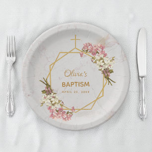 Girl Baptism Floral Orchids Gold Marble Geometric Paper Plates