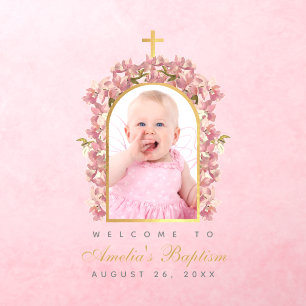 Girl Baptism Floral Photo Pink Orchids Faux Gold  Wall Decal