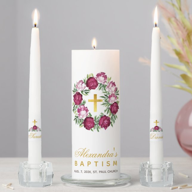 Girl Baptism Floral Pink Burgundy Wreath Faux Gold Unity Candle Set (In Situ)