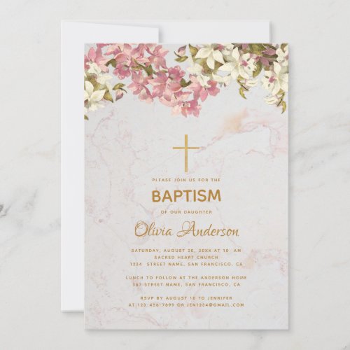 Girl Baptism Floral Pink Orchids Gold Cross Marble Invitation