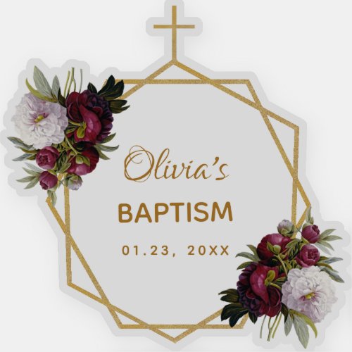 Girl Baptism Gold Cross Burgundy Peonies Floral Sticker