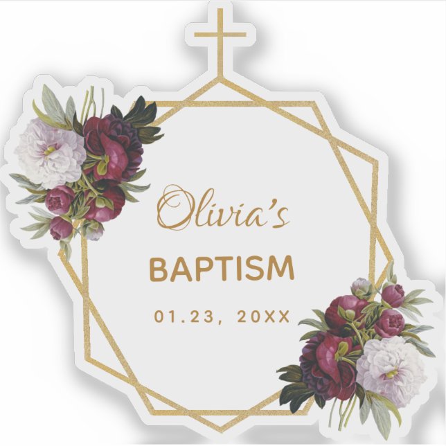 Girl Baptism Gold Cross Burgundy Peonies Floral Sticker (Front)