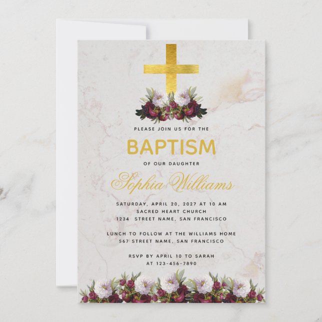 Girl Baptism Gold Cross Burgundy Peonies Marble Invitation (Front)