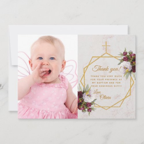 Girl Baptism Gold Cross Marble Peonies Butterfly Thank You Card