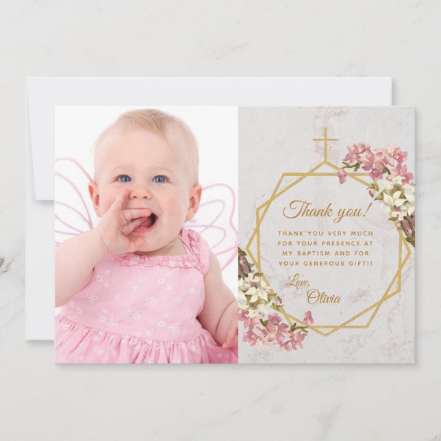 Girl Baptism Gold Cross Marble Pink White Orchids Thank You Card (Front)