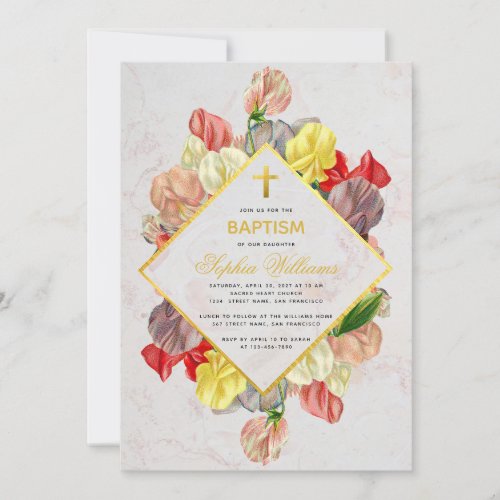 Girl Baptism Gold Marble Sweet Peas Script Floral Invitation