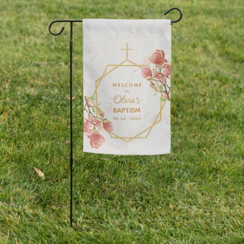 Girl Baptism Gold Pink Magnolia Floral Marble Garden Flag