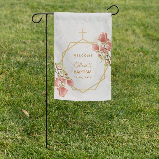Girl Baptism Gold Pink Magnolia Floral Marble Garden Flag (In SItu)