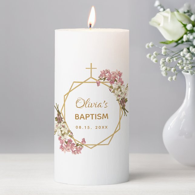Girl Baptism Gold Pink Orchids Floral Geometric Pillar Candle (Creator Uploaded)
