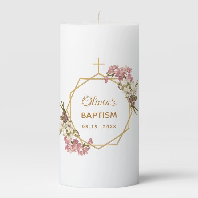 Girl Baptism Gold Pink Orchids Floral Geometric Pillar Candle (Front)