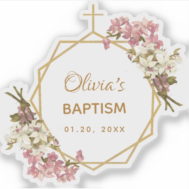 Girl Baptism Gold Pink Orchids Floral Geometric Sticker (Front)