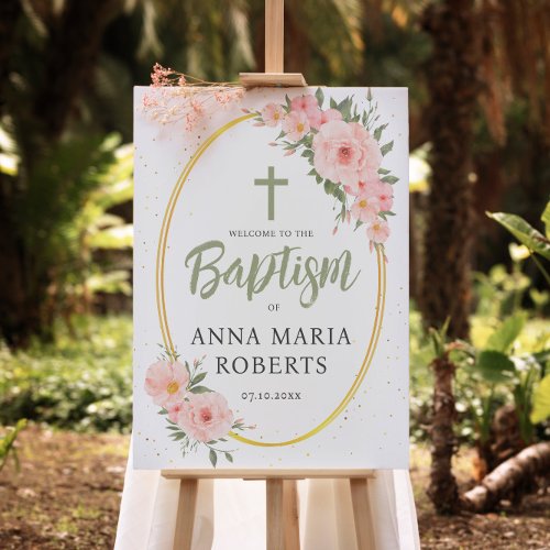 Girl Baptism Green Pink Flowers Welcome  Foam Board