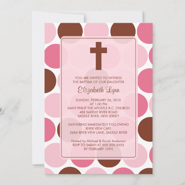 Girl Baptism Inviation Brown & Pink Polka Dots Invitation (Front)